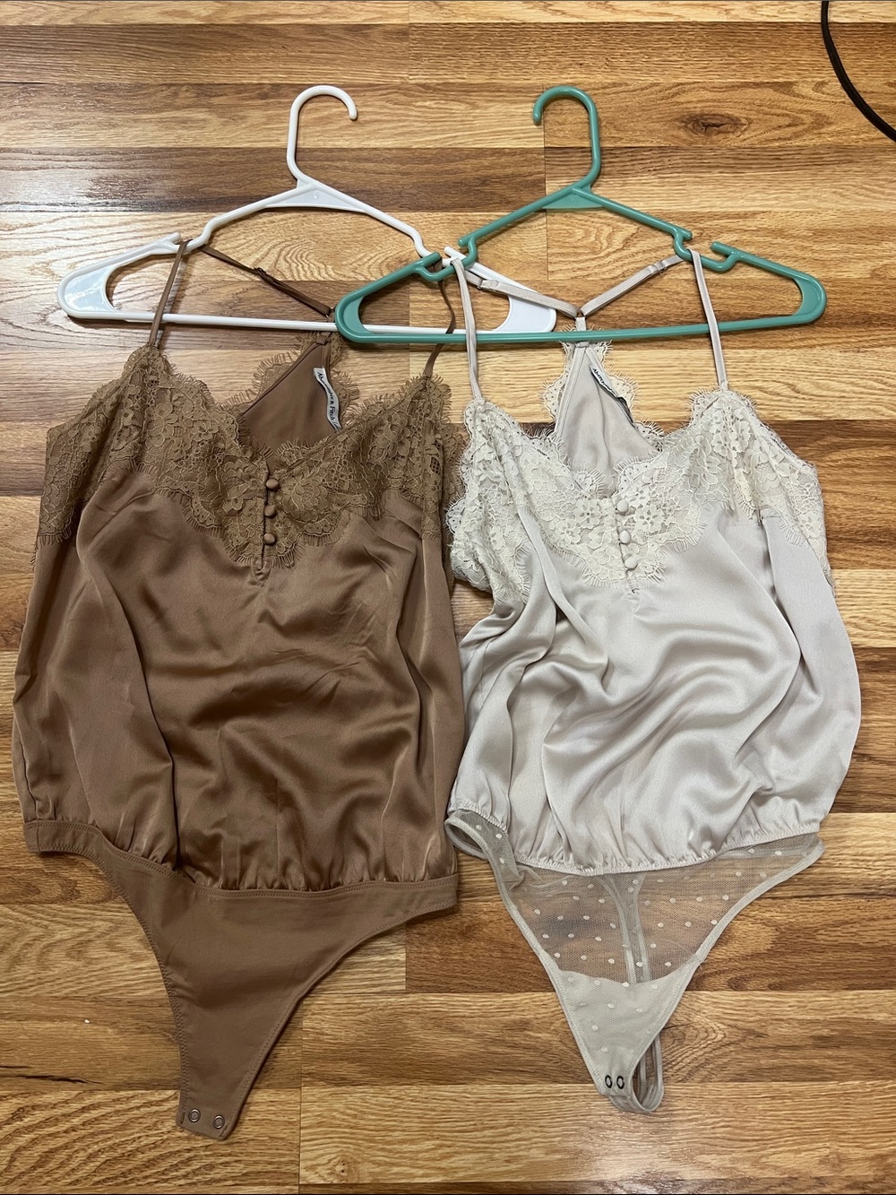 Abercrombie & Fitch Satin Lace-Trim Bodysuit in Brown and Cream
